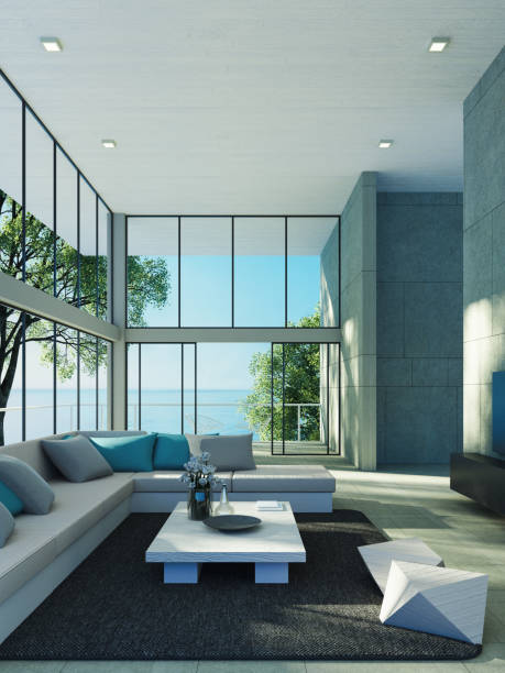 beach luxury modern interior ocean front view 3d rendering